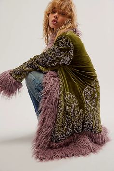 Moon Glow Coat | Free People Long Velvet Coat For Fall, Bohemian Long Sleeve Fur Coat With Faux Fur Lining, Bohemian Long Sleeve Fur Coat, Bohemian Long Sleeve Fur Coat For Fall, Bohemian Outerwear With Faux Fur Lining, Bohemian Outerwear With Faux Fur Lining And Long Sleeves, Penny Lane Coat, Mode Hippie, Mode Boho