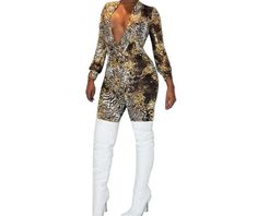 Kara Zebra Print Jumpsuit Gold Long Sleeve Bodysuit For Night Out, Gold Fitted Long Sleeve Jumpsuit/romper, Club-ready Long Sleeve Jumpsuits For Fall, Fall Club Jumpsuit With Long Sleeves, Glamorous Long Sleeve Bodysuit For Spring, Glamorous Gold V-neck Jumpsuits And Rompers, Stylish Jumpsuit, Waist Trainer Corset, Print Jumpsuit