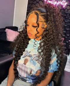 Cute Curly Lace Front Hairstyles, Elegant Hair Styles For Prom, Highlighted Curly Wig Hairstyles, Curly Wig With Braids Black Women, Wig Install Hairstyles Curly, Bow Hairstyle Deep Wave Wig, Highlight Deep Wave Wig Styles, Braids With Curly Leave Out, Leave Out Weave Hairstyles