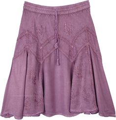 Stonewashed lilac below the knee-length rayon skirt for a perfect summer to spend your day in the coolness of this hue and relax with the comfortable soft texture of the fabric. A modern take on the rodeo chic style in urban colors; all our festival skirts will make you proud. The self-design, the machine embroidery and the lacework on the panels make it an exclusive skirt. Elastic and drawstrings are attached at the waist for perfect fit and ease. Length: 23"; Waist: 26"-34"(Elastic waist fits Summer Knee-length Rayon Skirt, Purple Cotton Mini Skirt For Summer, Lavender Skirt For Summer, Purple Relaxed Mini Skirt For Summer, Casual Lavender Skirt, Relaxed Purple Mini Skirt For Summer, Summer Purple Relaxed Mini Skirt, Flowy Lavender Lined Skirt, Lavender Tiered Skirt For Summer