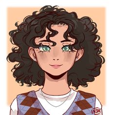 a drawing of a person with curly hair and green eyes, wearing a sweater vest