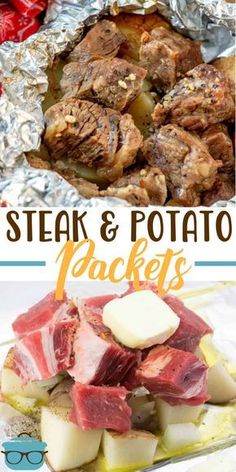 steak and potato packets with text overlay