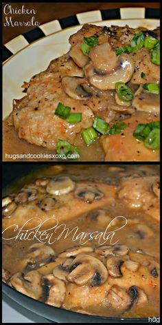 two pictures of chicken with mushrooms and broccoli in gravy on a plate