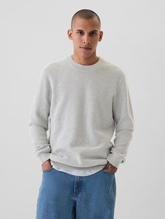 Soft, textured cotton sweater.  Crewneck.  Long sleeves.  Banded hem.  Fit: Classic.  A straight & easy fit.  Hits at the hip.  Models are 6′1″–6′2″ 185 cm–188 cm) with a 31″ 79 cm) waist & 32–33″ 81 cm–84 cm) inseam & are wearing Gap Textured Sweater, Sweater Grey, Cotton Sweater, Grey Sweater, Baby Toddler, Gap, Long Sleeves, Crew Neck