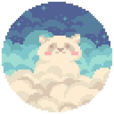 a pixellated image of a white cat with blue sky in the background and clouds