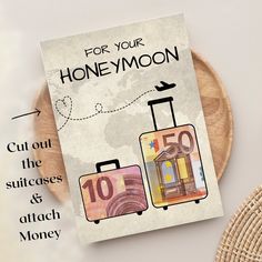 a piece of paper with the words for your honeymoon written on it and two pieces of luggage