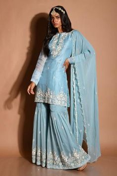 Shop for Aksh Blue Georgette Embroidered Kurta Gharara Set for Women Online at Aza Fashions Lehenga Design For Engagement, Maxi Dress With Jacket, Bridal Lehenga Online, Ethereal Elegance, Floral Frocks, Indian Outfits Lehenga, Beautiful Pakistani Dresses, Dress Design Patterns, Sequin Embroidery