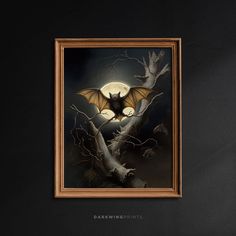 a painting of a bat on a tree branch with the moon in the sky behind it