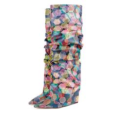 Mixed Colors Pointed Wedge ... Shoot Shoes, Cowgirl Shoes, Ladies Long Boots, Women's Knee High Boots, Fold Over Boots, Ladies Footwear, Boots Patterns, Pointed Toe Boots, Slip On Boots