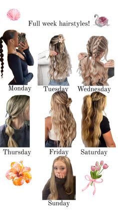 Tuesday Hairstyles For School, Hairstyles For Monday, Full Week Of Hairstyles, Tuesday Hairstyles, Hair Inspo For School, Friday Hairstyles, Preppy Hairstyles, Hairstyle Examples, Easy Hairstyles For Thick Hair