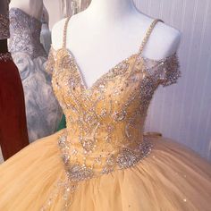 Off The Shoulder Crystal Beaded Ball Gowns Quinceanera Dresses 2017 – alinanova Embellished Gold Ball Gown For Quinceanera, Gold Embellished Ball Gown For Quinceanera, Gold Fitted Quinceanera Dress For Debutante Ball, Gold Fitted Quinceanera Dress For Prom Season, Vestido Charro, Gown Birthday, Tulle Dress Long, Cocktail Bridesmaid Dresses, Quinceñera Dresses