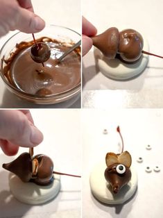 the process of making chocolate mouses is shown in four different pictures, including one being dipped