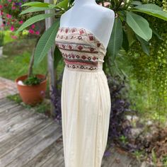 Smocked Back Beaded Front Maxi Gauze Long Skirt With Long Side Slits. Never Worn! Fitted Sleeveless Bohemian Smocked Top, Fitted Bohemian Smocked Top For Vacation, Bohemian Fitted Smocked Top For Vacation, Fitted Bohemian Maxi Dress With Elastic Waistband, Bohemian Fitted Maxi Dress With Elastic Waistband, Fitted Bohemian Smocked Top, Bohemian Smocked Top For The Beach, Bohemian Smocked Top For Beach, Bohemian Beige Maxi Dress With Smocked Back