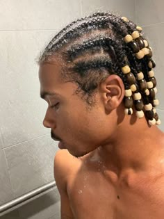 Cornrows Beads Men, Mens Braids With Beads, Braids With Beads Men, Hair Beads Aesthetic, Short Hair Braids Men, Fulani Braids Men, Braids To The Back, Beads Aesthetic, Cornrows With Beads