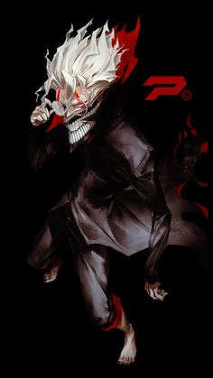 an anime character with white hair and red eyes, in the middle of a black background