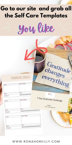 Choose from a variety of  self care templates including gratitude, financial, goal setting templates #selfcare #gratitude #goals #challenges #guides Goal Setting Template, Goal Setting, Gratitude