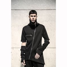 Unleash your individuality and embrace the power of fashion innovation with this avant-garde black clothing staple. Step into the future of fashion with our black zipper men's hoodie, a striking blend of avant-garde, street, and tech wear. This innovative piece boasts an asymmetrical design with functional zippers, allowing you to unzip and remove half of the sleeves for a truly unique look. The high collar adds a touch of sophistication, while the two front pockets offer convenience and style. Urban Black Outerwear For Alternative Fashion, Black Futuristic Outerwear For Alternative Fashion, Black Cyberpunk Outerwear For Alternative Fashion, Futuristic Black Outerwear For Streetwear, Fitted Futuristic Black Outerwear, Cyberpunk Fitted Outerwear For Streetwear, Avant Grade, Asymmetrical Design, Cotton Jacket