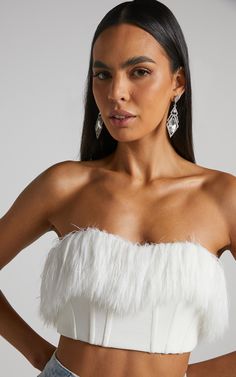 Rhaiza Top - Faux Feather Trim Strapless Sweetheart Crop Top in White | Showpo USA Sweetheart Crop Top, Strapless Sweetheart Neckline, Feather Trim, Party Look, Trim Top, Party Looks, Trim Detail, Alternative Fashion, Sweetheart Neckline