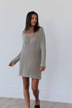 Cotton  loose knit sweater dress. Oversized V-neck Sweater Dress For Spring, Open Knit Long Sleeve Sweater Dress, Oversized Knit Sweater Dress For Spring, Oversized Knit V-neck Sweater Dress, Oversized Knitted Sweater Dress For Spring, Casual Long Sleeve Sweater Dress For Beach, Loose Knit Sweater, Handmade Sweater, Loose Knit Sweaters