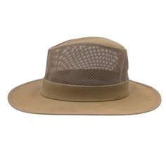 the hat is tan and has mesh on it