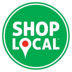 the shop local logo is green and white with red dots on it's center