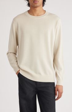 Casual and versatile, this sweater knit from soft, breathable wool features a relaxed fit that's easy to layer and always comfortable on its own. Crewneck Long sleeves Ribbed cuffs and hem 100% merino wool Dry clean or hand wash, dry flat Imported Designer Clothing Fabric Gift Bags, Dries Van Noten, Nordstrom Store, Fabric Gifts, Free Fabric, Sweater Knit, Anniversary Sale, Crewneck Sweater, New Shoes