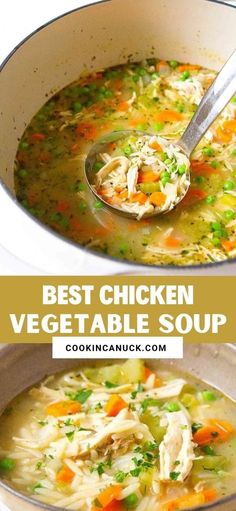 chicken vegetable soup in a white bowl with a ladle full of it and the title overlay reads best chicken vegetable soup