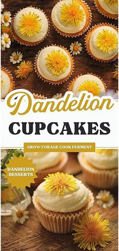 the cover of dandelion cupcakes is shown with yellow flowers on it