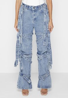 Denim Strap Cargo Jeans - Mid Blue | Manière De Voir USA Cargo Jeans Style, Jeans Silhouette, Reworked Joggers, Straight Jeans Outfit, Goth Pants, Strap Pants, Denim Cargo Pants, Cargo Pants Outfit, Denim Cargo