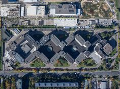 an aerial view of some buildings and roads