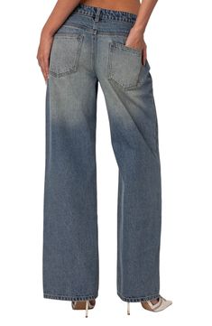 These Y2K-inspired nonstretch jeans sit low on the waist and flare into floor-sweeping wide legs, creating a trendy look that can be styled up or down. Zip fly with button closure Five-pocket style 100% cotton Machine wash, dry flat Imported Faded Wide Leg Washed Flare Jeans, Distressed Denim Blue Full-length Flare Jeans, Distressed Denim Blue Full Length Flare Jeans, Washed Blue Wide Leg Flare Jeans With Five Pockets, Distressed Full Length Denim Blue Flare Jeans, Full Length Distressed Denim Blue Flare Jeans, Relaxed Fit Washed Flare Jeans, Distressed Blue Flare Jeans, Washed Relaxed Fit Wide-leg Flare Jeans