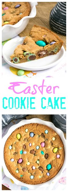 an image of a cookie cake with easter eggs on it and the words, easter cookie cake