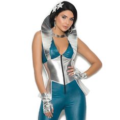 Galaxy Girl Costume Includes Metallic Wet Look Sleeveless Jumpsuit With Attached High Collar, Waist Peplum Accents And Front Zipper Closure. Star Hair Pins And Fingerless Gloves Also Included. Three Piece Set. Other Accessories Not Included. New In Package. Blue/Silver. 95% Polyster/5% Cotton. Great For Space, Alien, Or Futuristic Themed Costumes! Please Note: Blue Coloring May Bleed Onto Lighter Colored Fabrics. Size M While Lying Flat Measures: About 57" Long, About 16" Across From Armpit To A Space Girl Costume, Star Hair Pins, Scientist Costume, Alien Clothes, Soldier Costume, Costume Jumpsuit, Leopard Print Jumpsuit, Elegant Moments, Theatre Costumes