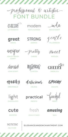 the font family is shown in green and white stripes, with different font styles for each type