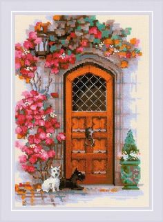 a cross stitch pattern with a dog and cat in front of a door