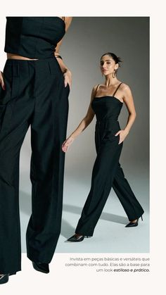 two women in black pants and one is wearing a strapless top with high heels