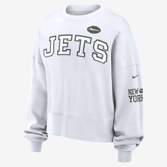 The New York Jets Crew is made with dropped shoulder seams that help create an oversized look and brushed French terry lining for a warm, comfortable outer layer. Its cross-dyed pattern accentuates the alternative design and team details. Nike Long Sleeve Sweatshirt With Team Logo, Urban Moisture-wicking Sweatshirt For Sports Season, New York Yankees Sweatshirt, Nike Functional Moisture-wicking Sweatshirt, New York Jets Sweatshirt, Ny Jets, Nike Nfl, Uniform Design, New Nike