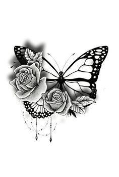 a black and white drawing of a butterfly with roses