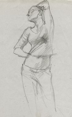 a pencil drawing of a woman standing with her arms behind her back