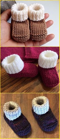 there are three pictures of baby booties made out of knitted yarns and wool