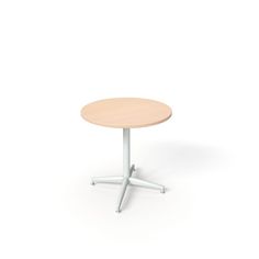 a round table with two white legs and a light wood top on an isolated surface