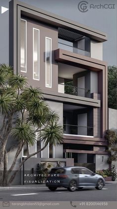 an architectural rendering of a two story building with palm trees and cars parked in front