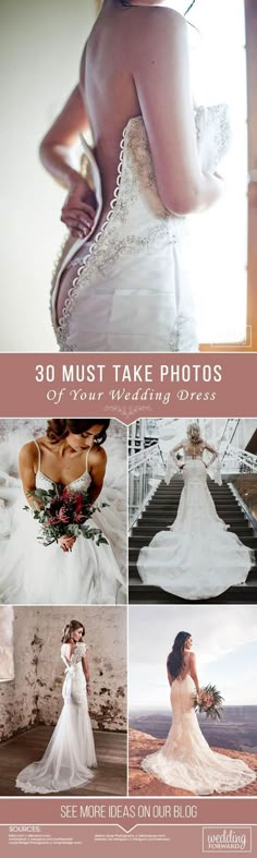 the back of a woman's wedding dress is shown in four different photos, including one