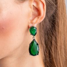 Emerald and Silver Teardrop Pierced or Clip Earrings Clear Crystal Bracelet, Emerald Stone, Pearl Pendant Necklace, Earring Sale, Long Style, Color Ring, Kenneth Jay Lane, Clip Earrings, Pierced Earrings