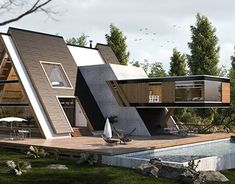 the house is made up of two triangular shaped houses and has a swimming pool in front of it