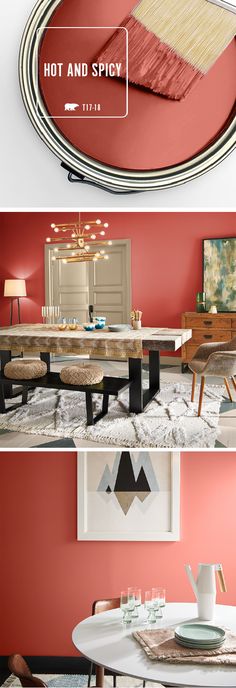 three different views of a dining room with red walls and white furniture in the center