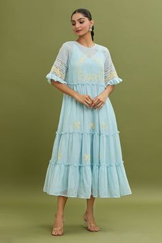 Light blue dress with thread embroidery in floral pattern and lace embellishment. Paired with slip. - Aza Fashions Cotton Dress Ideas, Work Dress Women, Blue Cotton Dress, Work Dresses For Women, Light Blue Dresses, Work Dress, Thread Embroidery, Thread Work, Dress For Women