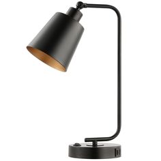 a black lamp on a white background with an orange light in the corner and one arm extended