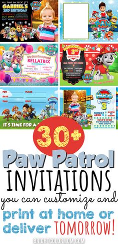 paw patrol birthday party printables with the words paw patrol and paw patrol on them