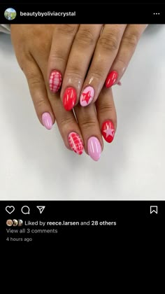 Different Print Nails, Pick Nails Design, Fun Crazy Nails, How To Do A Star On Nails, Cute Pink And Red Nails, Nail Gel Design Ideas, Almond Nails Short Design, Gel Nail Inspiration Short, Preppy Nail Ideas Winter